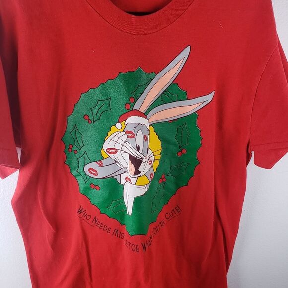 Vintage Y2K 90's Red Bugs Bunny Mistletoe Toe Graphic Christmas Shirt Size Large - Picture 2 of 6